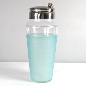 Large 1950s glass cocktail shaker Robins egg blue sides with chromed top